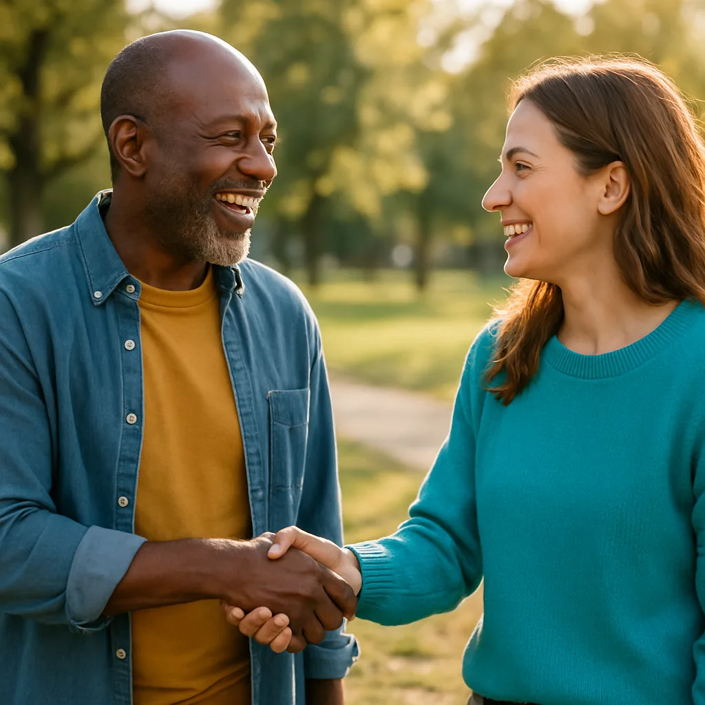 Two people meeting at a local park — genuinely local Nottinghamshire dating