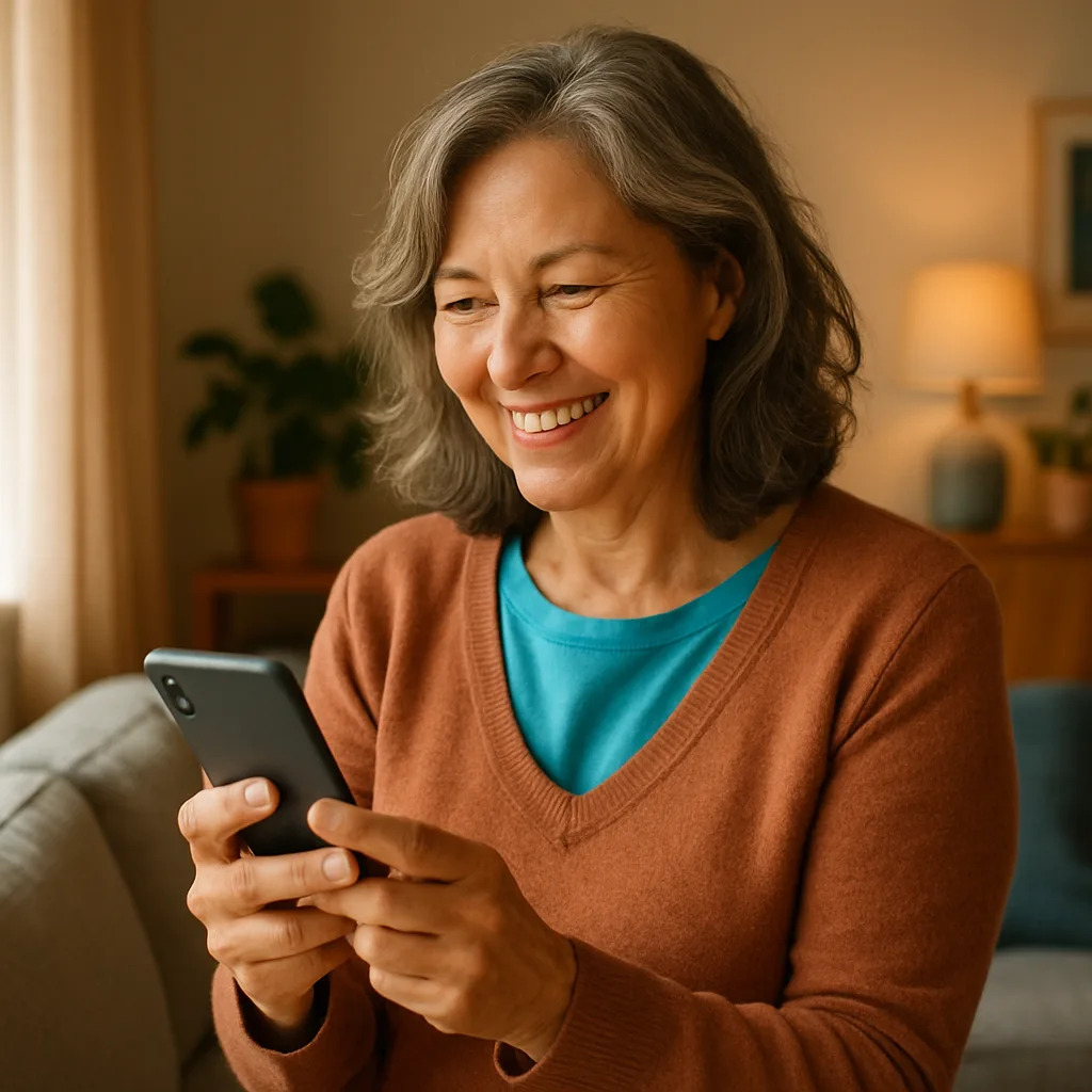 Smiling woman confidently checking her phone — verified profiles on The Nottinghamshire Dating Site